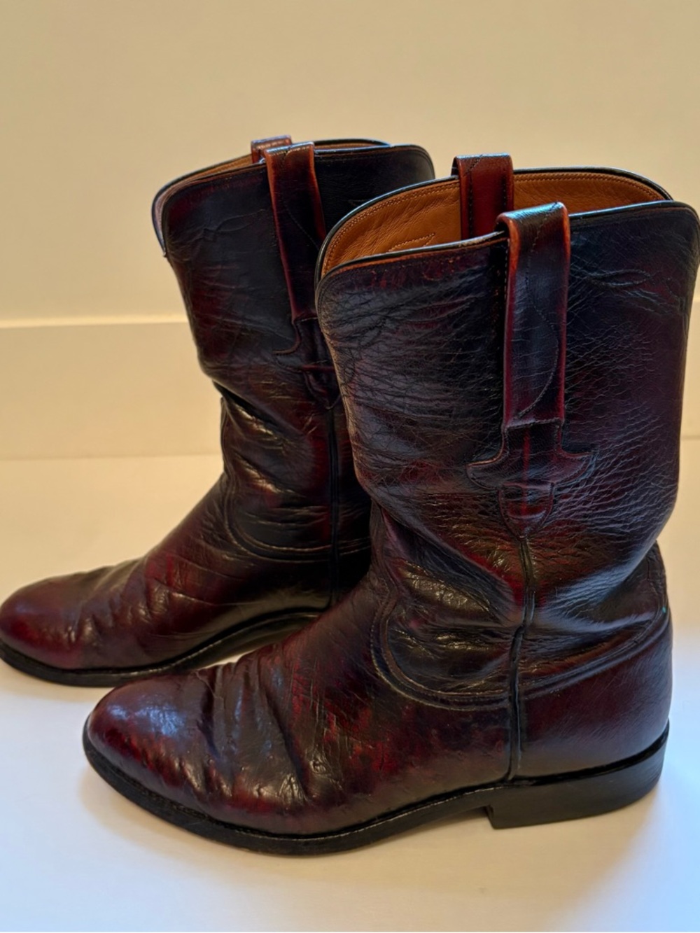 Lucchese L8284 Mens Ostrich Leather Roper Western Cowboy Boots 7.5D Black Cherry